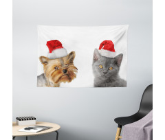 Cat Dog Xmas Hats Wide Tapestry