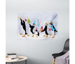 Penguins in Caps Wide Tapestry