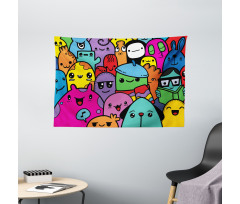 Colorful Doodle Monsters Wide Tapestry