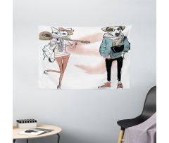 Urban Cat Dog Characters Wide Tapestry