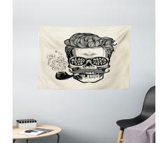 Skull with Pipe Glasses Wide Tapestry