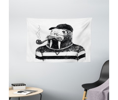 Walrus with Pipe Sketch Wide Tapestry