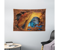 Dino Breaks Brick Wall Wide Tapestry