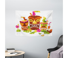 Tiki Masks Drinks Birds Wide Tapestry