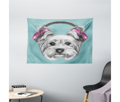 Headphones Music Dog Wide Tapestry