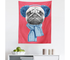 Pug Köpek Mikrofiber Duvar Halısı Kulaklıklı ve Atkılı Hayvan Pembe Fonlu