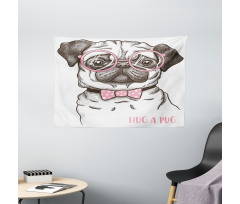 Pug with Bow Glasses Wide Tapestry