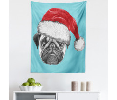 Hayvan Mikrofiber Duvar Halısı Noel Baba Şapkalı Tatlı Pug Köpek Mavi Fonlu