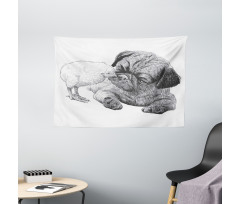 Pug Little Chick Hand Drawn Wide Tapestry