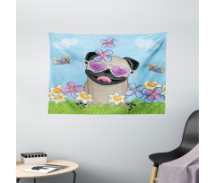 Puppy on the Field Flowers Wide Tapestry