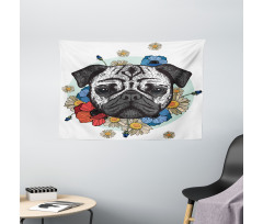 Black and White Head of Dog Wide Tapestry