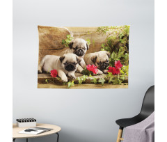 Sibling Puppies Flowers Wide Tapestry