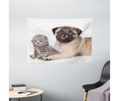 Young Puppy and Kitten Wide Tapestry