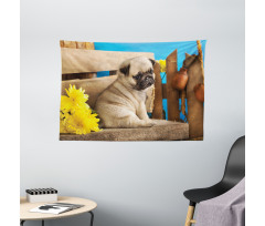Puppy Photography on Bench Wide Tapestry