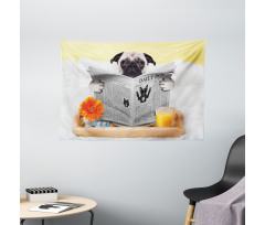 Pug Reading News Daily Dog Wide Tapestry