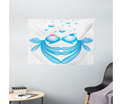 Blue Cartoon Fishes Heart Wide Tapestry