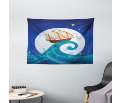 Old Ship Riding Waves Wide Tapestry