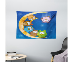 Cartoon Moon Owls Playing Wide Tapestry