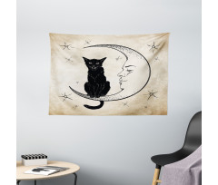 Black Cat Siting on Moon Wide Tapestry