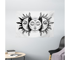 Monochrome Sun and Moon Wide Tapestry