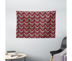 Skulls Red Blossoms Retro Wide Tapestry