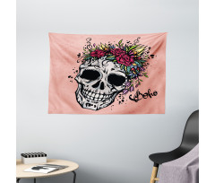 Skull Boho Floral Wreath Wide Tapestry