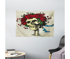 Skull in Red Flowers Crown Wide Tapestry