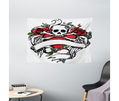 Sketch Skull Big Red Heart Wide Tapestry