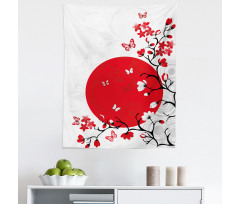 Japon Mikrofiber Duvar Halısı Kırmızı Kiraz Çiçekleri Beyaz Fonlu Sakura
