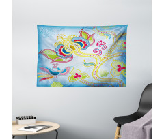 Colorful Floral Art Motif Wide Tapestry