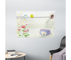 Bird Cat Flowers Wide Tapestry