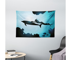 Diver Girl with Dolphin Wide Tapestry