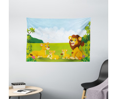 Lion Family in Forest Wide Tapestry