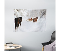 Horses in Snowy Forest Wide Tapestry