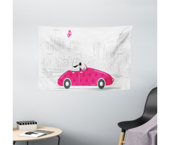 Woman Driving Vintage Car Wide Tapestry