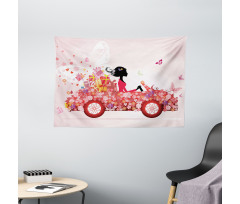 Girl on a Car Floral Box Wide Tapestry