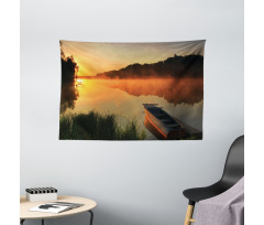 Boat on Misty Shoreline Wide Tapestry