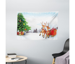 Snowy Village Sleigh Tree Wide Tapestry