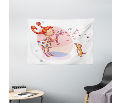 Cartoon Girl and Cat Wide Tapestry