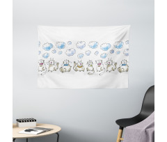 Cats Sitting with Collars Wide Tapestry
