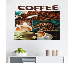 Coffee Mikrofiber Geniş Duvar Halısı Mozaik Çerçeveler İçinde Kahve Figürleri