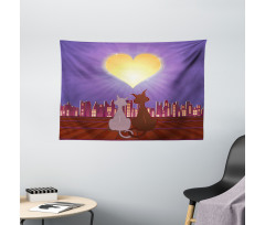 Cat Couple Heart Moon Wide Tapestry