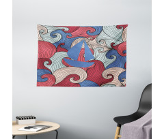 Blue Boat Silhouette Wide Tapestry