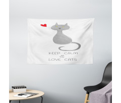 Grey Cat Red Heart Wide Tapestry