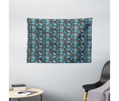 Blue Blossoms on Grid Wide Tapestry