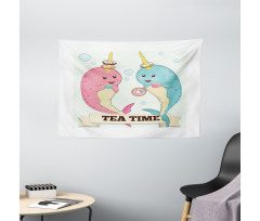 Tea Drinking Whales Wide Tapestry