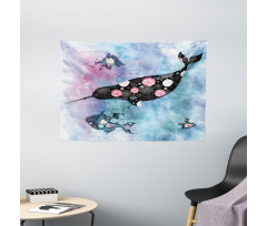 Floral Whale and Fish Wide Tapestry