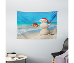 Sand Snowman Santa Hat Wide Tapestry