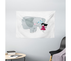 Girl on Trunk of Elephant Wide Tapestry