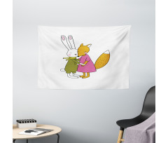 Fox and Hare Hugging Wide Tapestry
